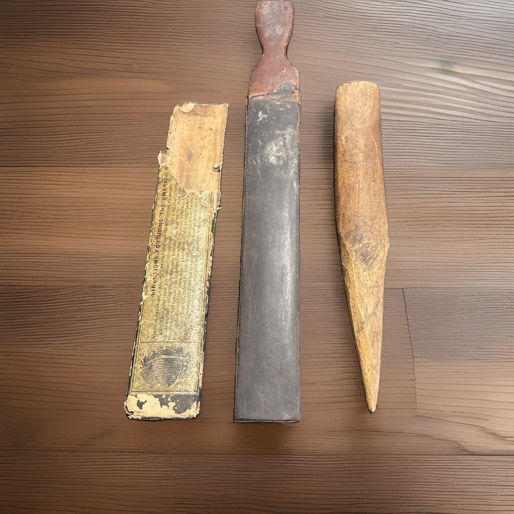 Antique Emerson Elastic Razor Strap & Primitive Wooden Dibber Tool Civil War Era